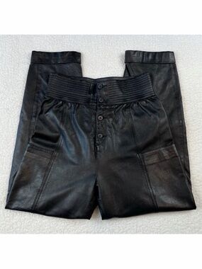 (VTG) Black Genuine Leather High-Waisted Pants, S